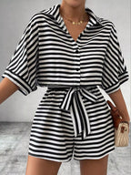 Striped button-up belted romper by Trendsi featuring a casual fit with a waist belt and short sleeves.