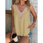 Light beige VibeEase V-Neck Summer Tank Top by FitiqueFit, casualwear, displayed on a hanger with a relaxed fit and soft fabric.