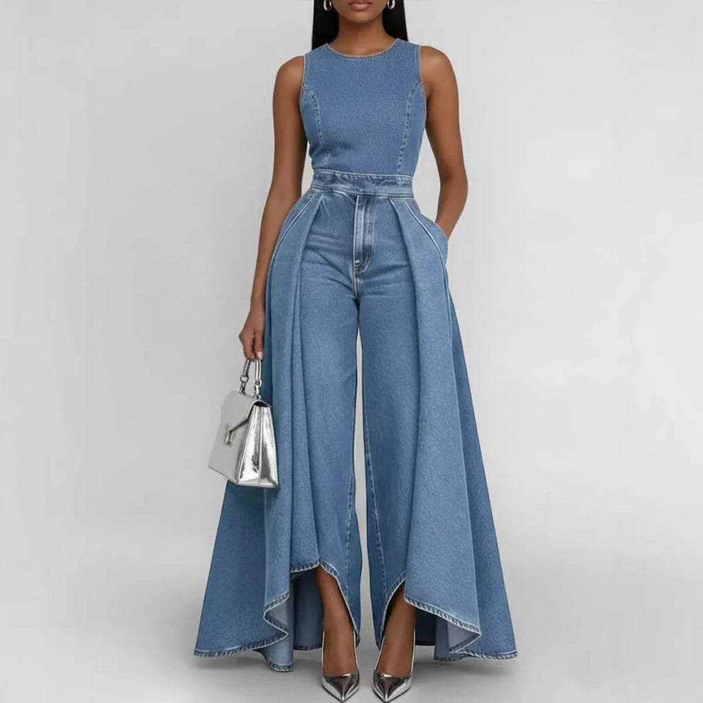 Women’s Crew Neck Sleeveless Wide-Leg Denim Jumpsuit FitiqueFit