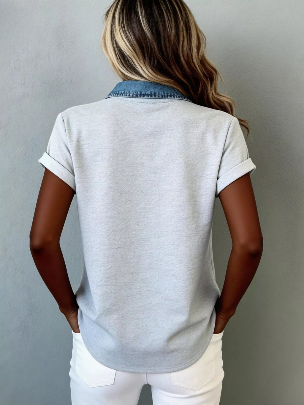Denim trim short sleeve shirt from Trendsi, casual top with denim accents, displayed on a neutral background.