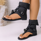 Plush Fashion Hub toe post buckle sandals with leather straps and silver buckle, casual summer footwear on a neutral background.