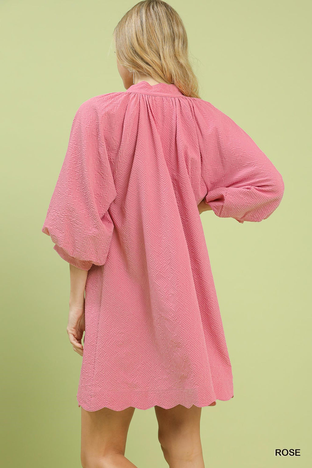 Rose textured balloon sleeve mini dress with pockets from Trendsi, featuring a stylish design and textured fabric.