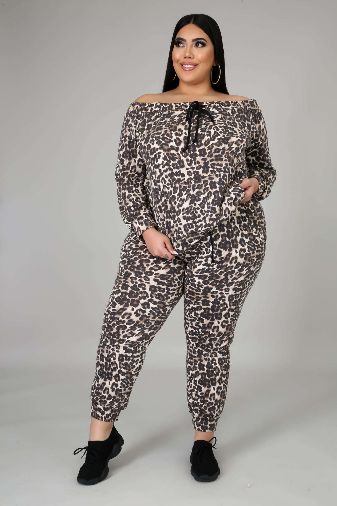 Fasheabe Off The Shoulder Cheetah Print Jogger Set Fasheabe