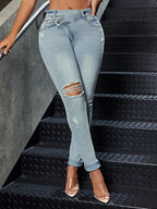 Distressed Plush Fashion Shop skinny denim jeans with ripped details, slim fit design, and classic five-pocket style.