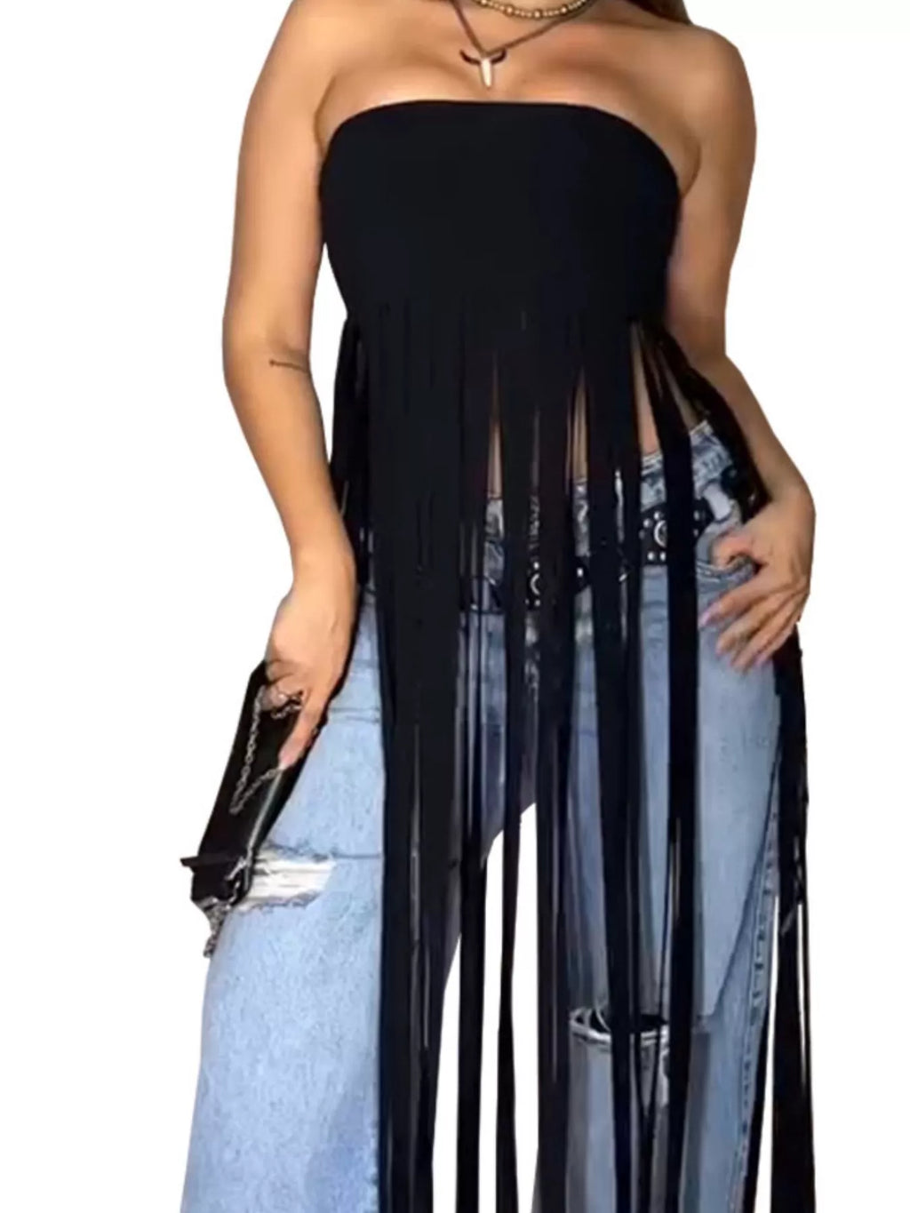 Trendsi fringe trim tube top featuring a fitted style with fringe details, perfect for a trendy summer look.