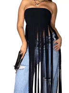 Trendsi fringe trim tube top featuring a fitted style with fringe details, perfect for a trendy summer look.