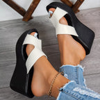 Open toe wedge sandals by Plush Fashion Hub featuring a stylish design with a comfortable platform and cork-style wedge heel.