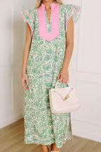 Contrast trim flutter sleeve floral midi dress by Trendsi featuring a feminine design and vibrant floral pattern.