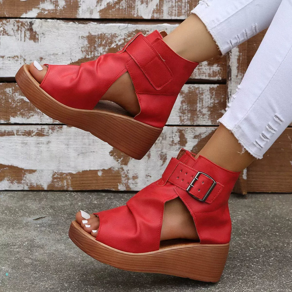 Open toe wedge sandals by Plush Fashion Hub featuring a stylish design with a comfortable wedge heel.