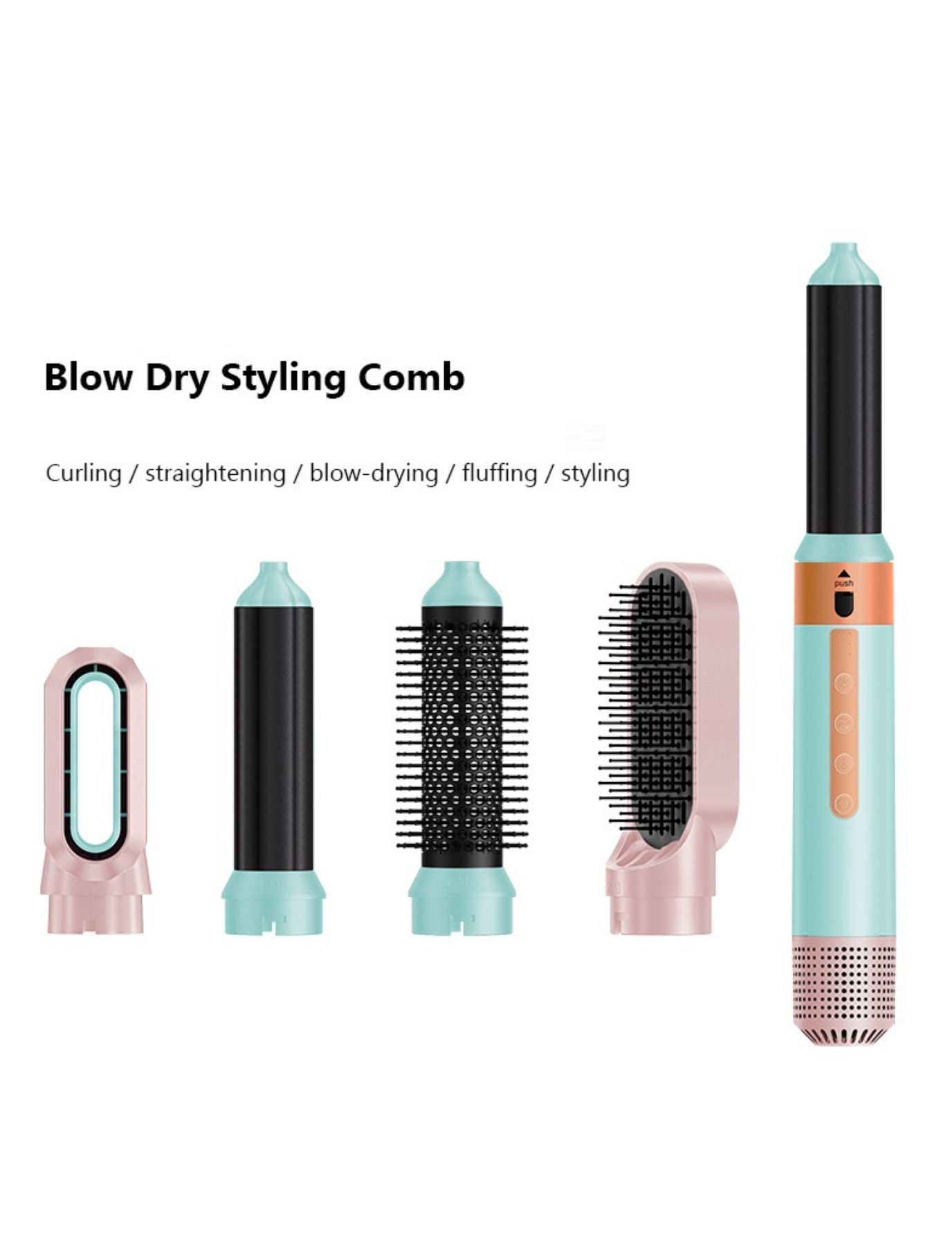 Professional 5-in-1 hot air hair styler and volumizer brush set by Trendsi, showing various styling attachments on a model's hair.