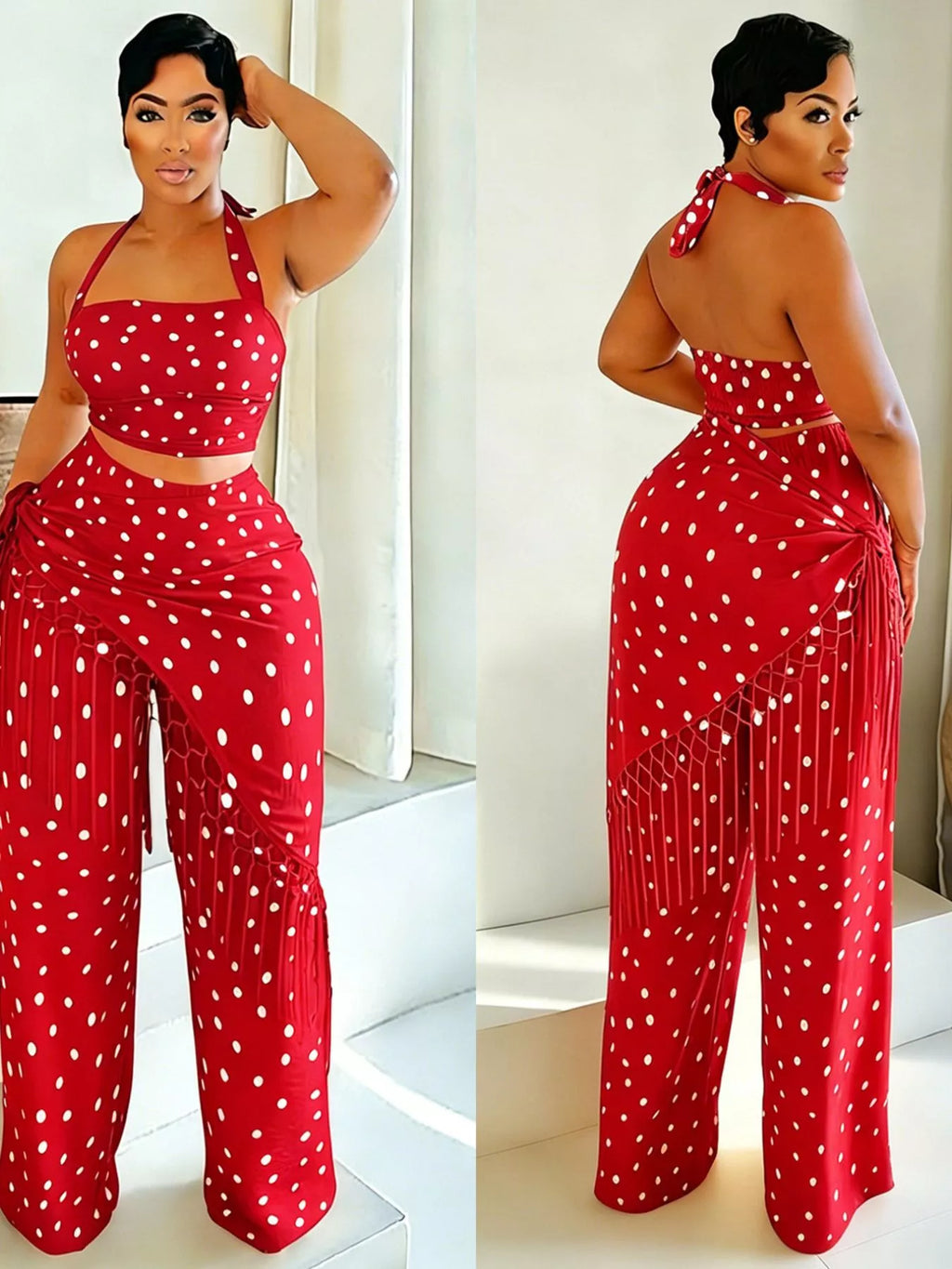 Polka dot halter neck cami with fringe trim pants set by Trendsi, featuring a stylish polka dot pattern and trendy fringe details.