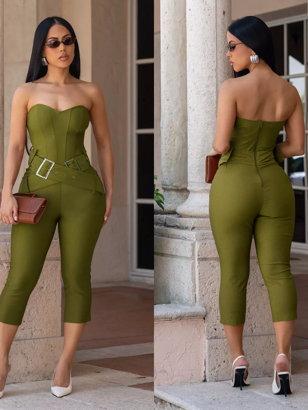 Black belted tube skinny jumpsuit by Trendsi featuring a fitted silhouette and sleeveless design, shown on a model.