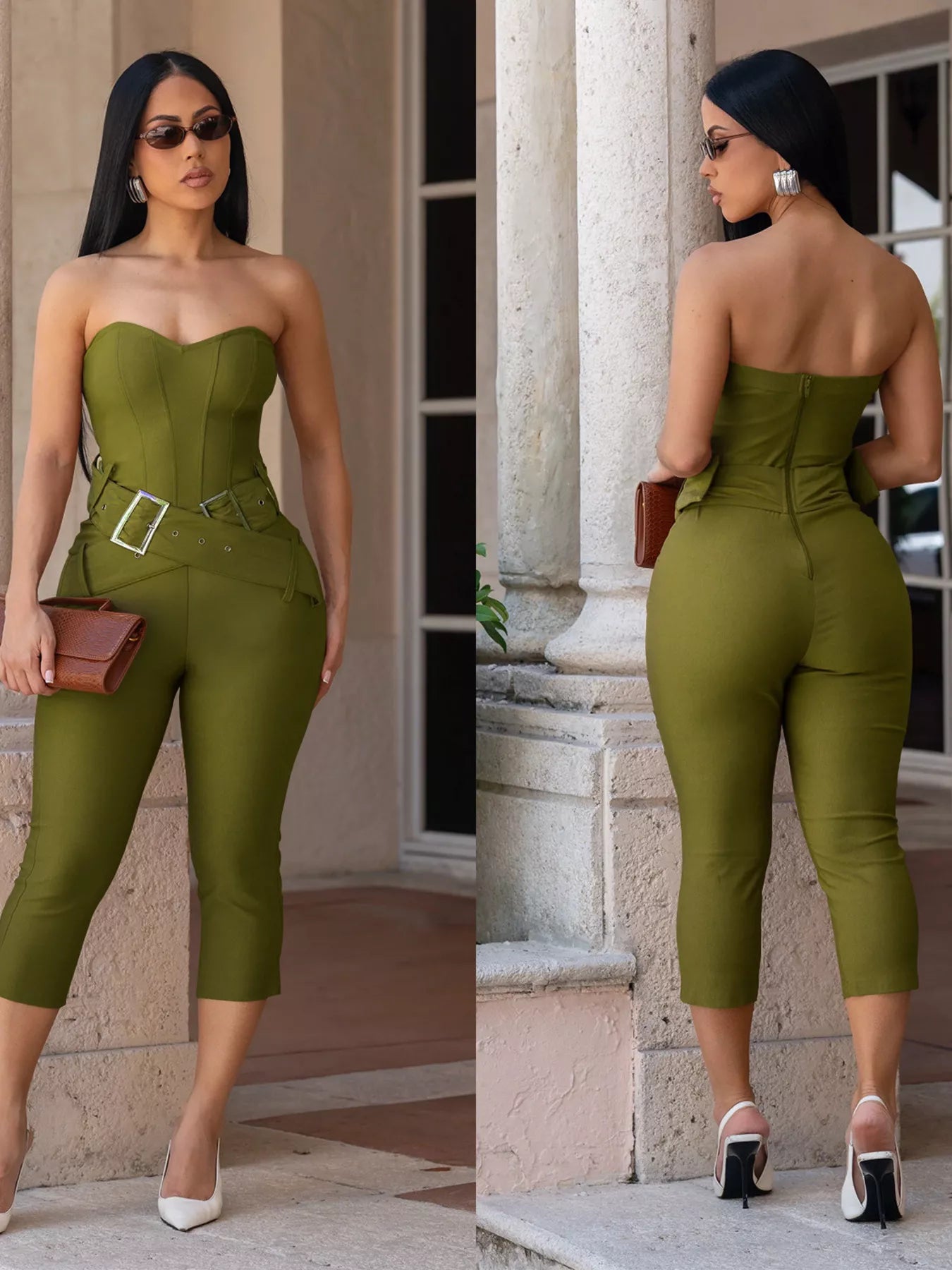 Black belted tube skinny jumpsuit by Trendsi featuring a fitted silhouette and sleeveless design, shown on a model.