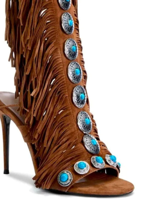 Women's fringe lace-up stiletto high heel sandals by Trendsi with stylish fringe detail and elegant design for parties.