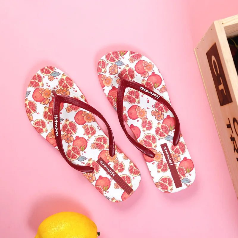 Women's vibrant fruit print summer toe post sandals with lightweight beach flats, featuring colorful fruit designs and comfortable slip-on style.