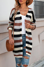 Women's striped openwork long sleeve cardigan, casual knitwear by Trendsi, featuring a stylish open-knit design and relaxed fit.