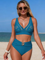 High - Waisted Ruched Two - Piece Bikini Set with Cutout Detail - Plush Fashion Hub