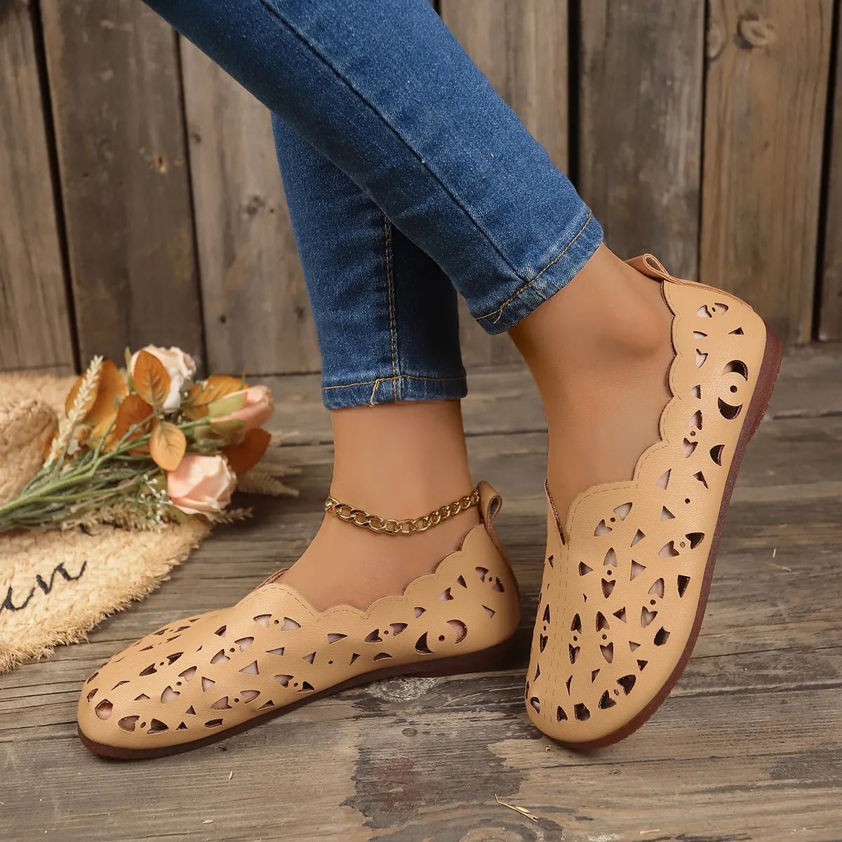 Women's breathable hollow-out casual flat slip-on shoes by Trendsi, featuring lightweight comfort and stylish open design.
