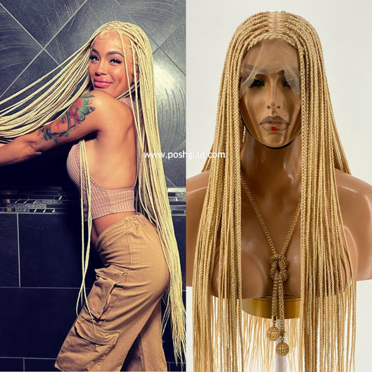 Shade Knotless In Premium Blond, Human Hair Swiss Full Lace, Tailbone, Glueless Poshglad Braided Wigs