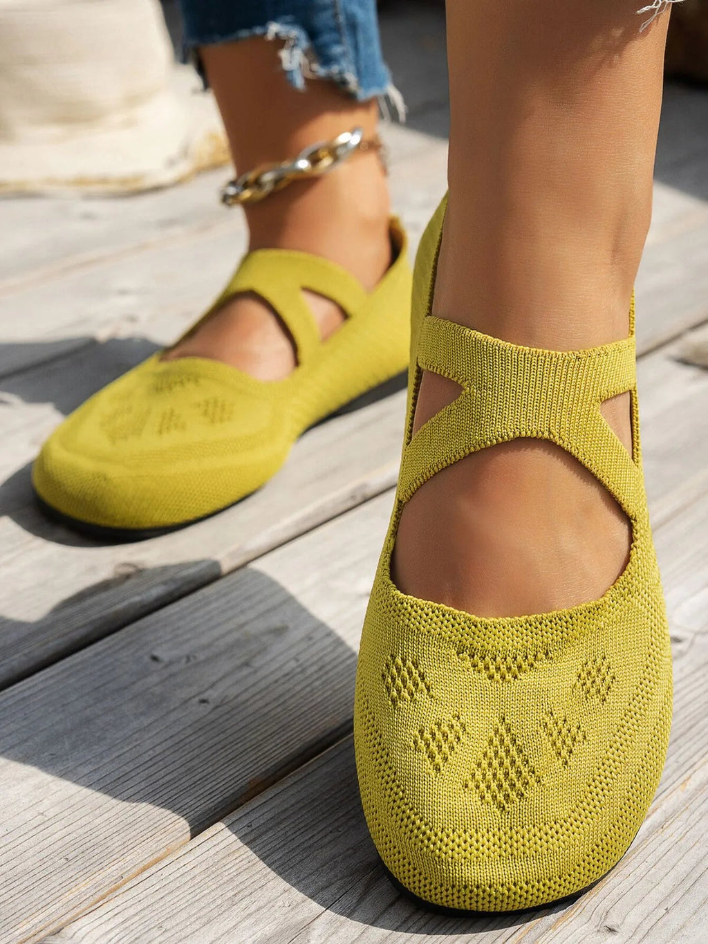 Women's breathable knit Mary Jane slip-on loafers with strap, comfortable flat shoes by Trendsi.