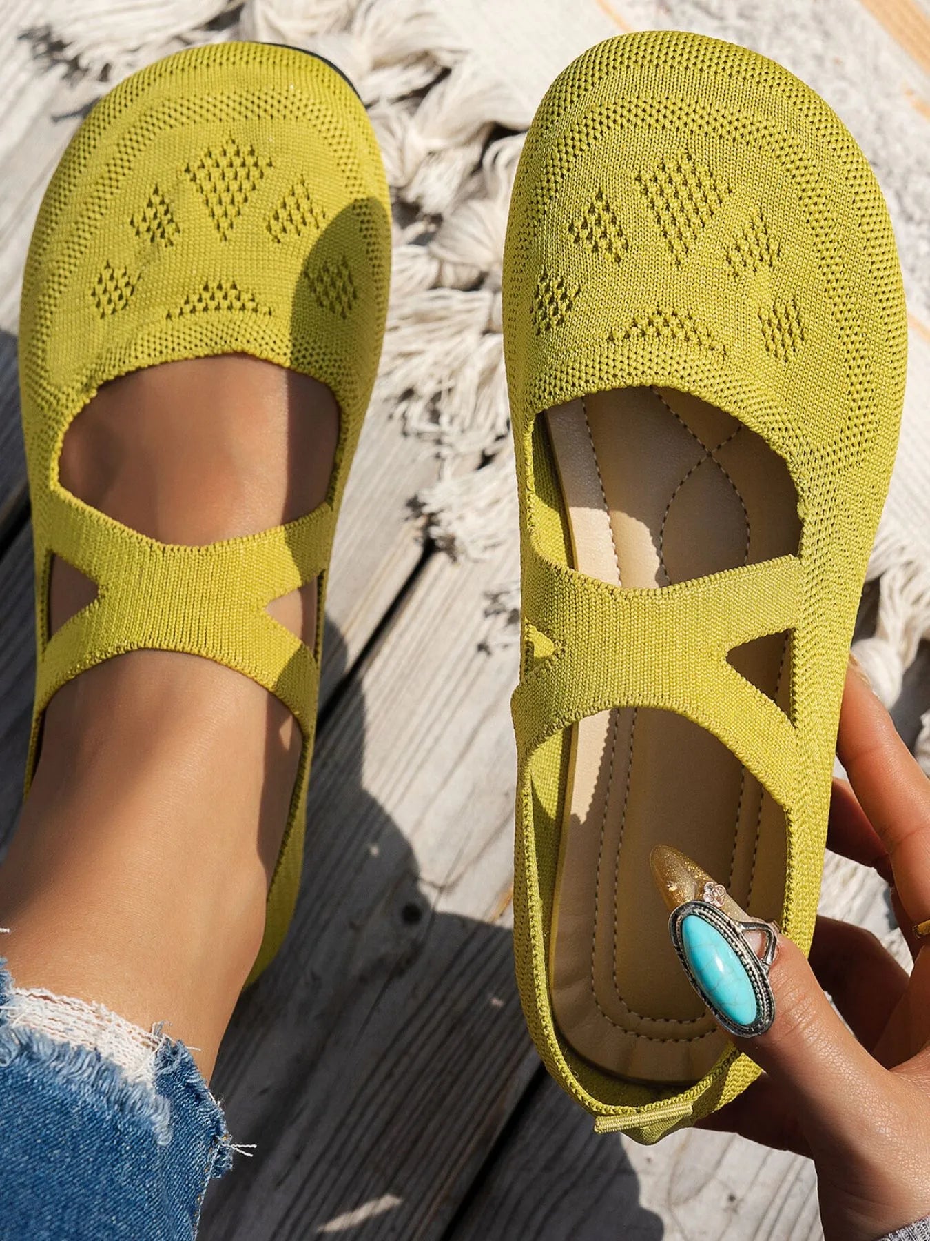 Women's breathable knit Mary Jane slip-on loafers with strap, comfortable flat shoes by Trendsi.