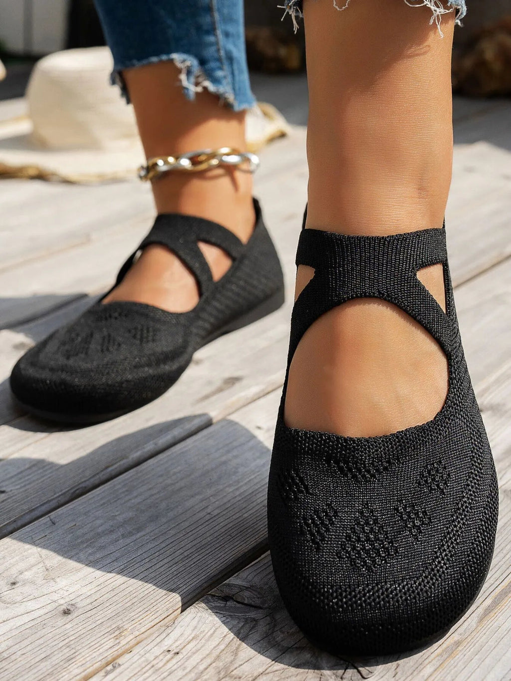 Women's breathable knit Mary Jane slip-on loafers with strap, comfortable flat shoes by Trendsi.