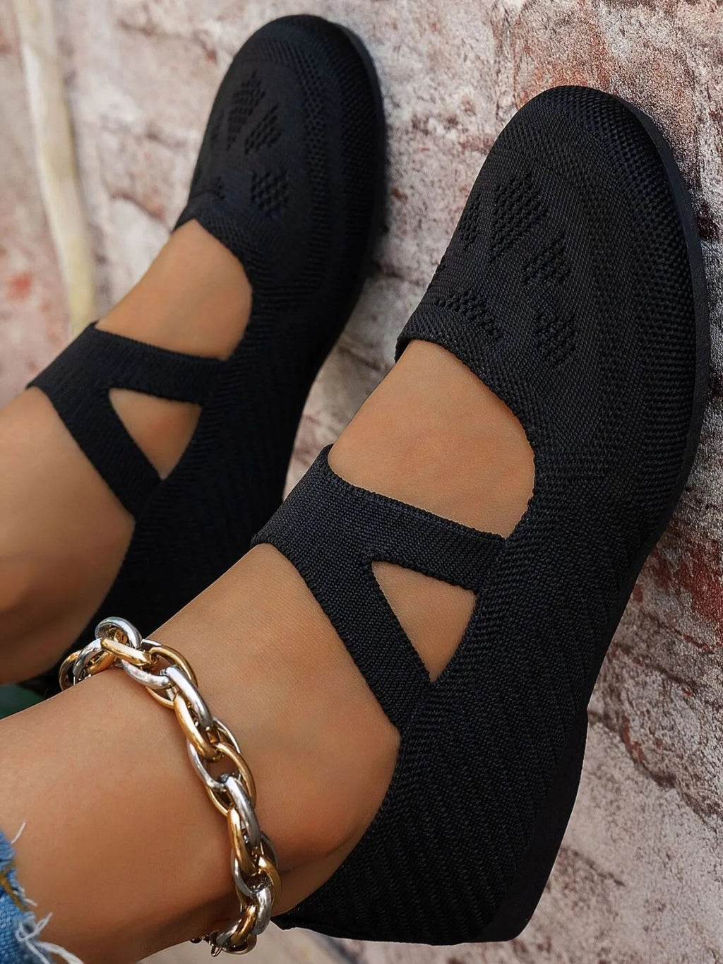 Women's breathable knit Mary Jane slip-on loafers with strap, stylish and comfortable flat shoes by Trendsi.
