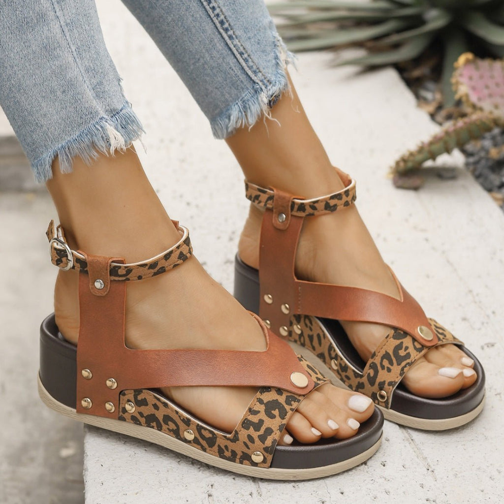 Leopard Ankle Strap Wedge Sandals - Plush Fashion Hub