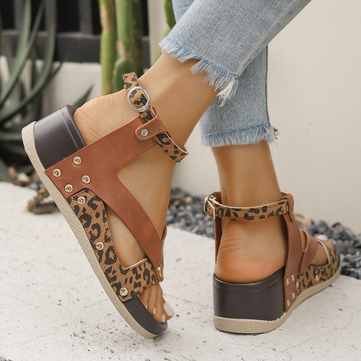 Leopard Ankle Strap Wedge Sandals - Plush Fashion Hub