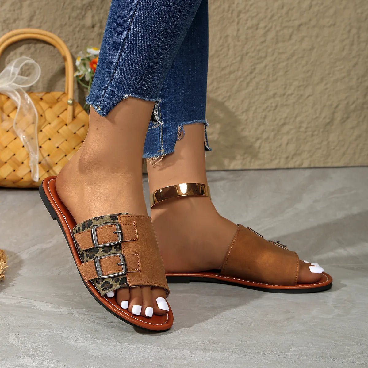 Leopard Open Toe Flat Sandals - Plush Fashion Hub