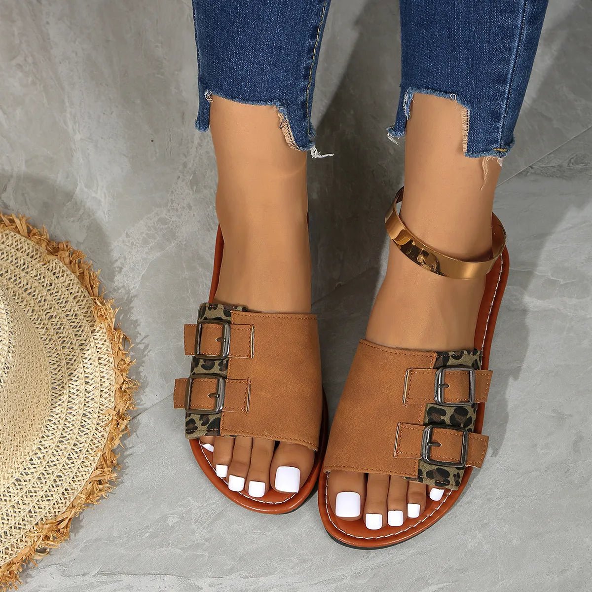 Leopard Open Toe Flat Sandals - Plush Fashion Hub