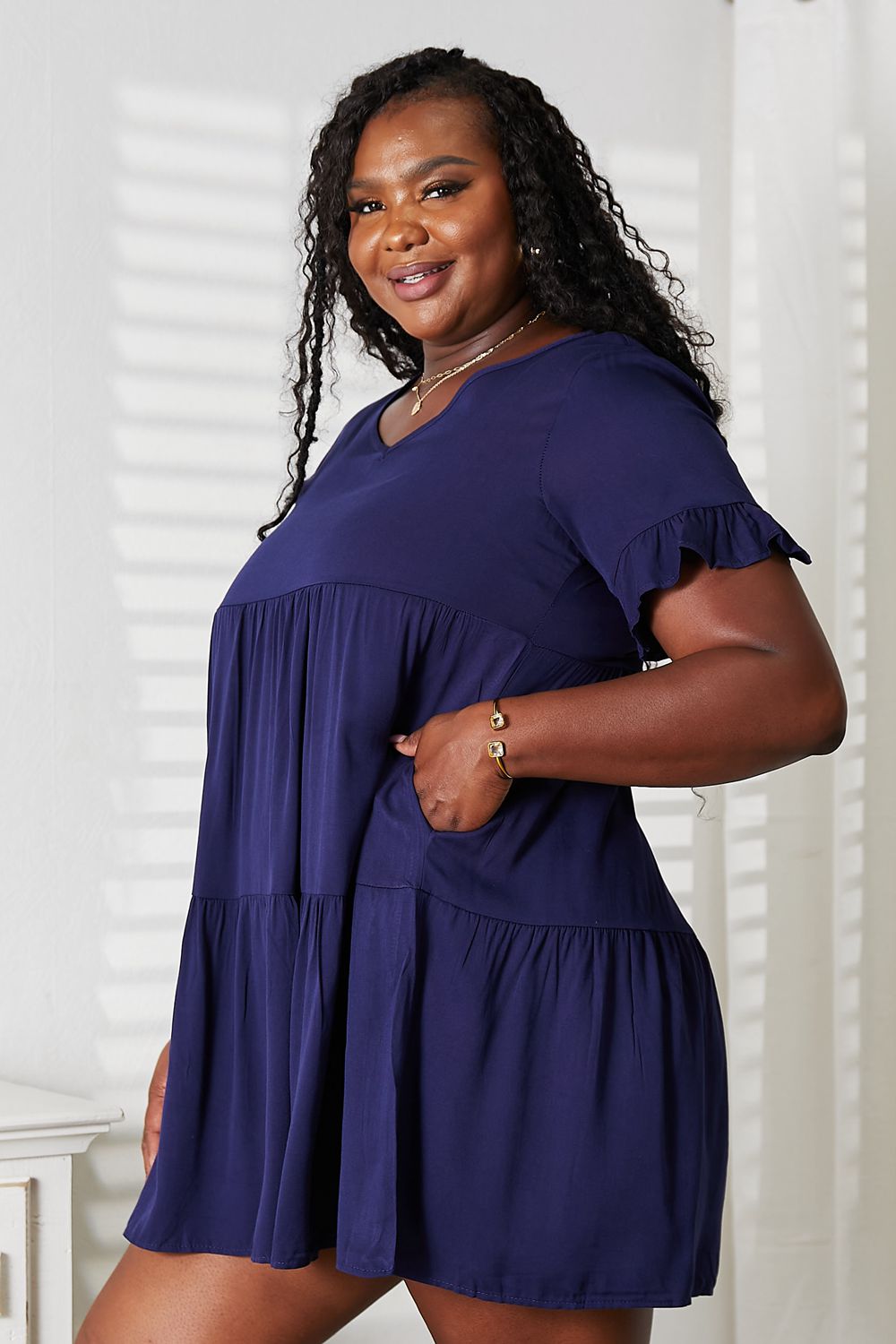 Mandy V - Neck Flounce Sleeve Tiered Dress - Plush Fashion Hub