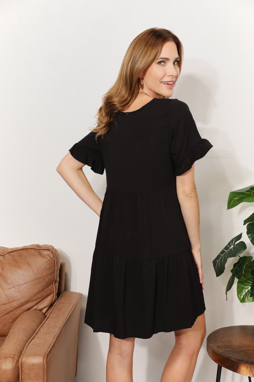 Mandy V - Neck Flounce Sleeve Tiered Dress - Plush Fashion Hub