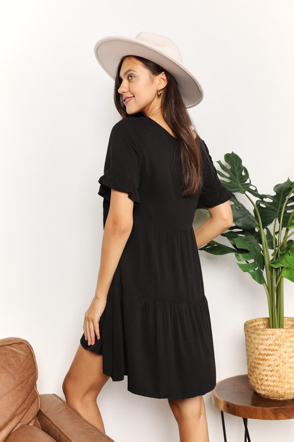 Mandy V - Neck Flounce Sleeve Tiered Dress - Plush Fashion Hub