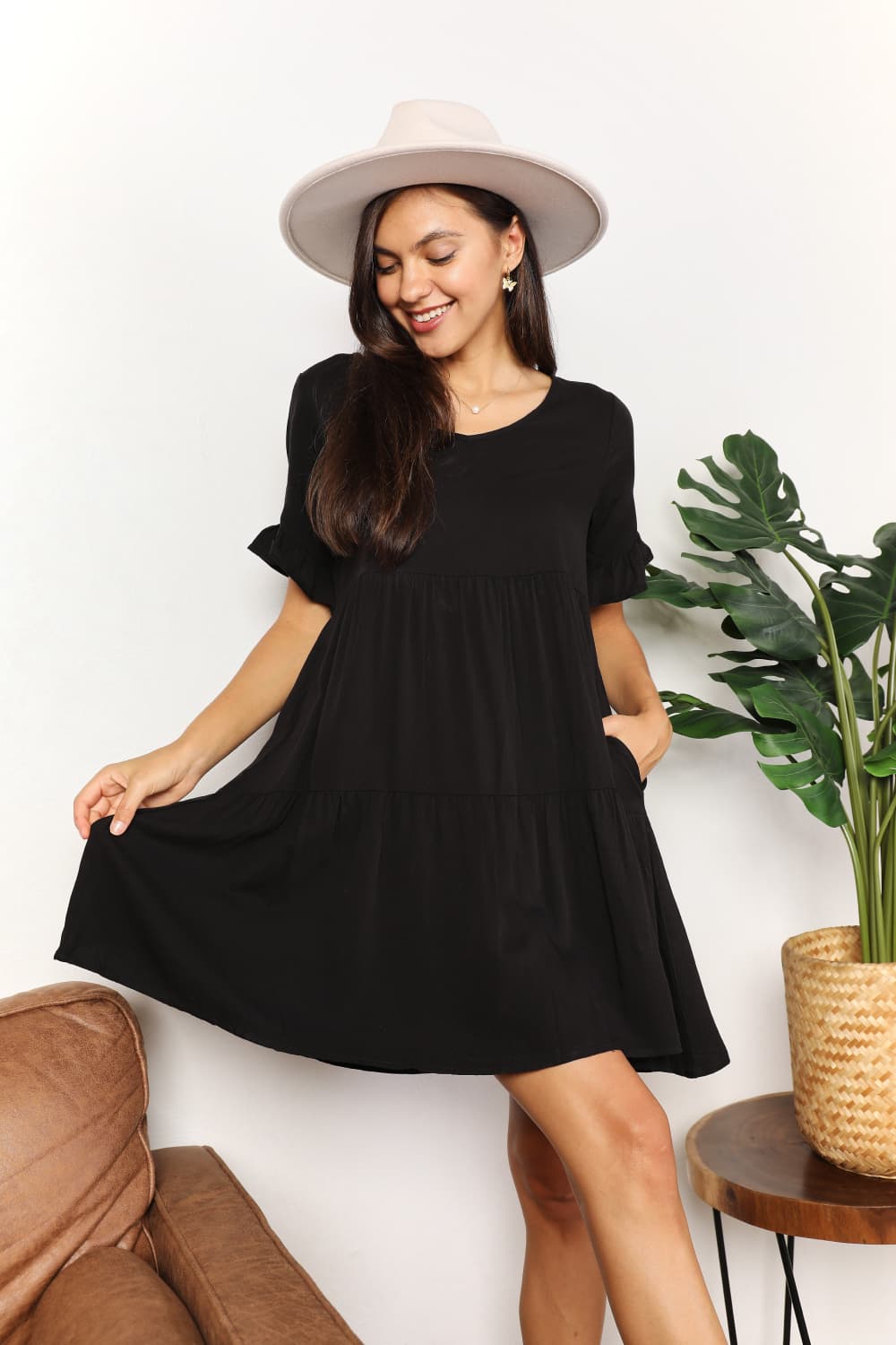 Mandy V - Neck Flounce Sleeve Tiered Dress - Plush Fashion Hub