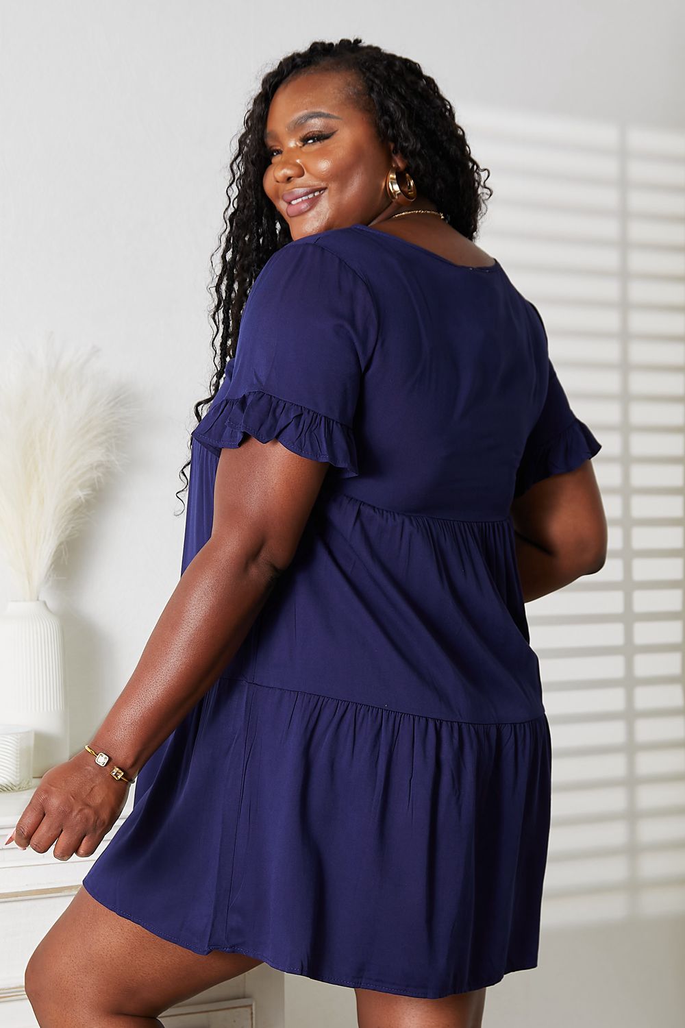 Mandy V - Neck Flounce Sleeve Tiered Dress - Plush Fashion Hub