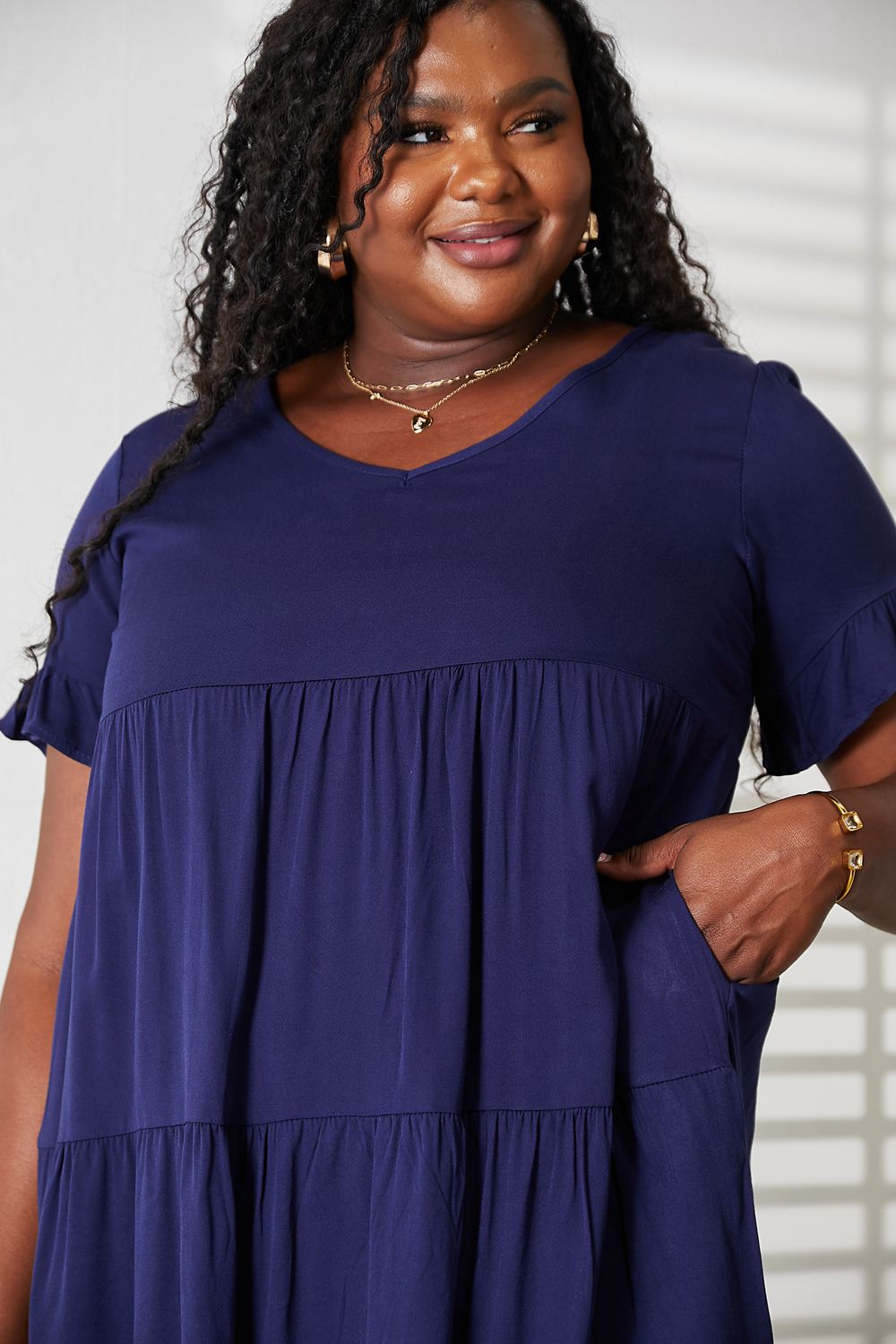 Mandy V - Neck Flounce Sleeve Tiered Dress - Plush Fashion Hub