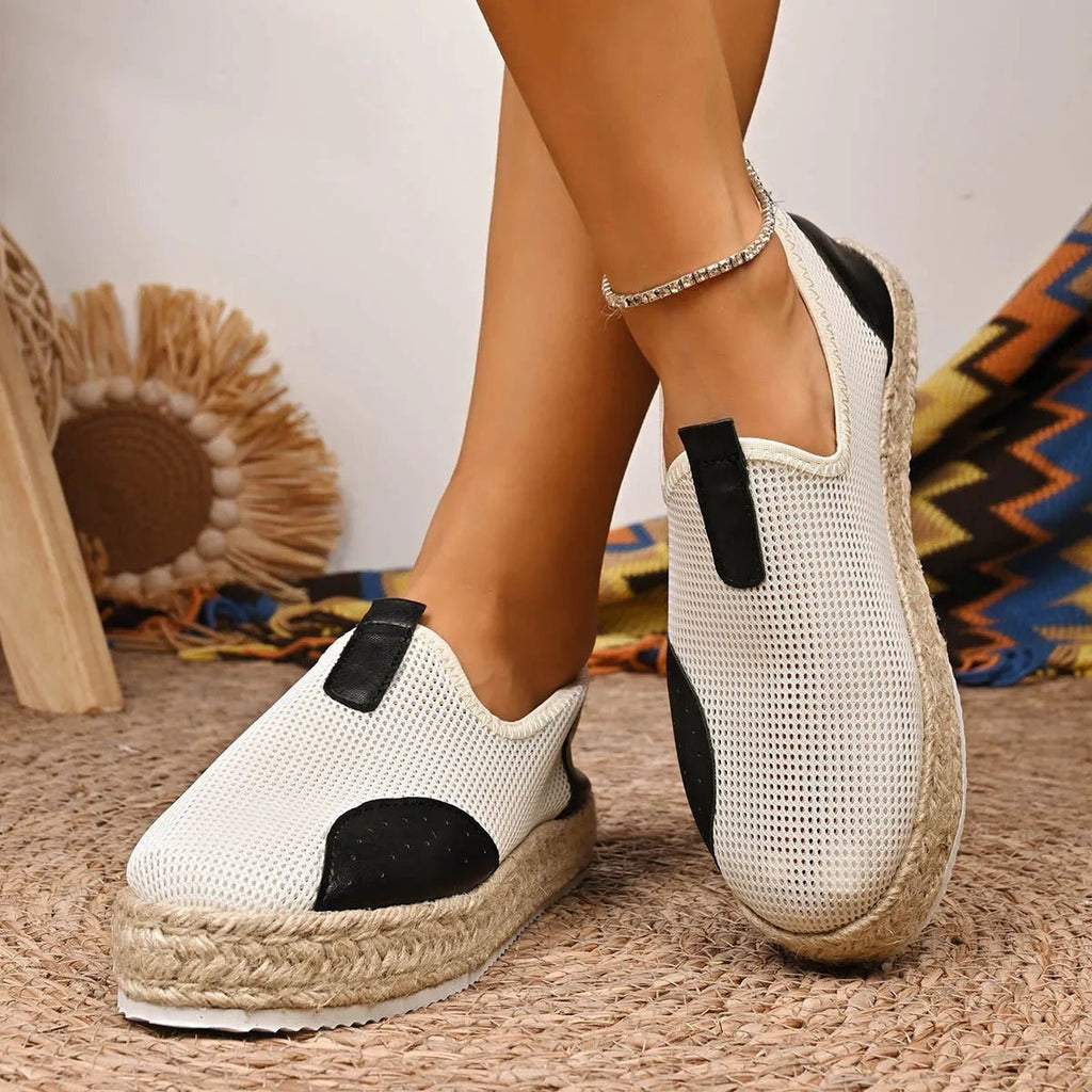 Women's breathable mesh espadrille platform slip-on flats by Trendsi, featuring a woven sole and comfortable slip-on design.