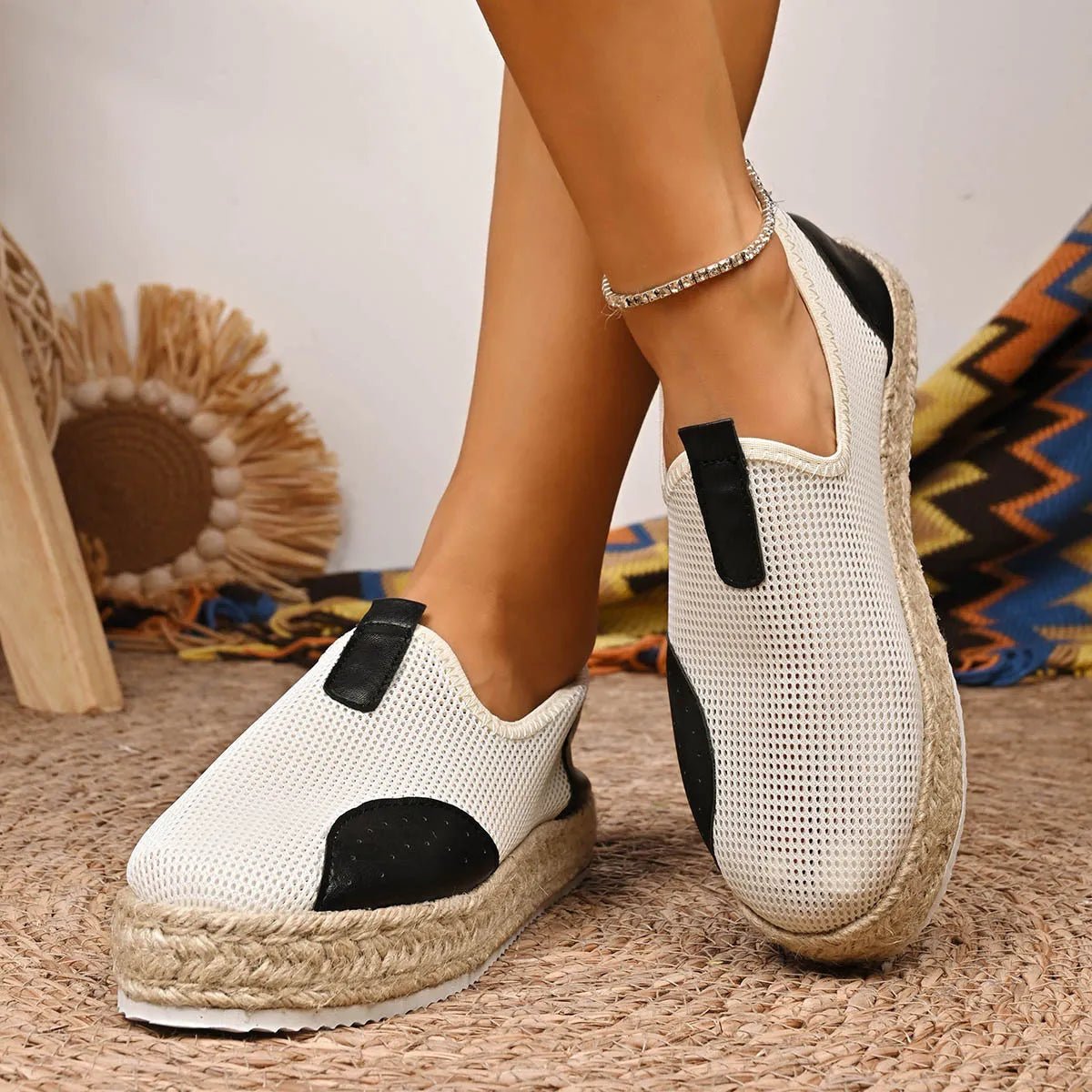 Women's breathable mesh espadrille platform slip-on flats by Trendsi, featuring a woven sole and comfortable slip-on design.