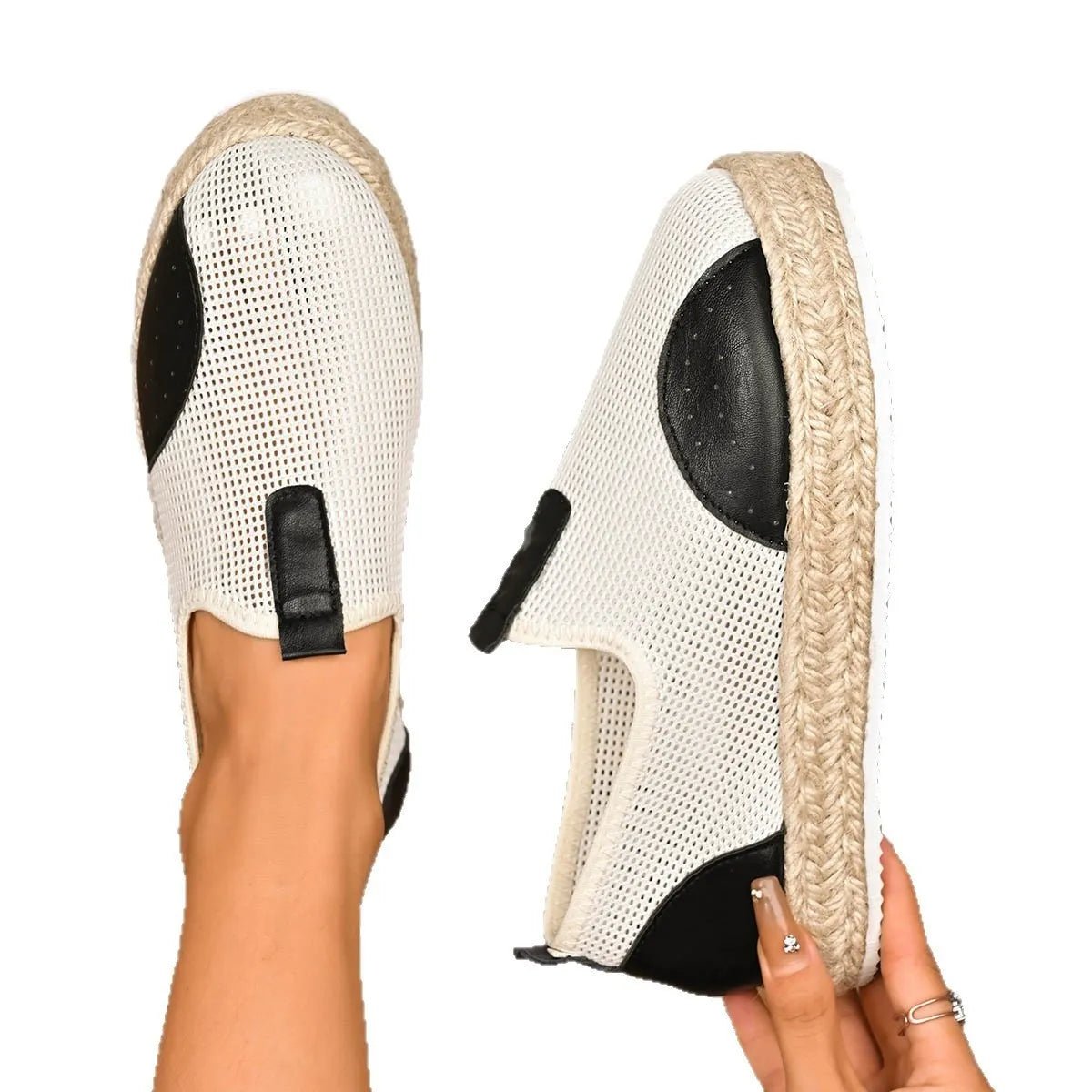 Women's breathable mesh espadrille platform slip-on flats, trendy shoes with comfortable slip-on design and woven jute sole.