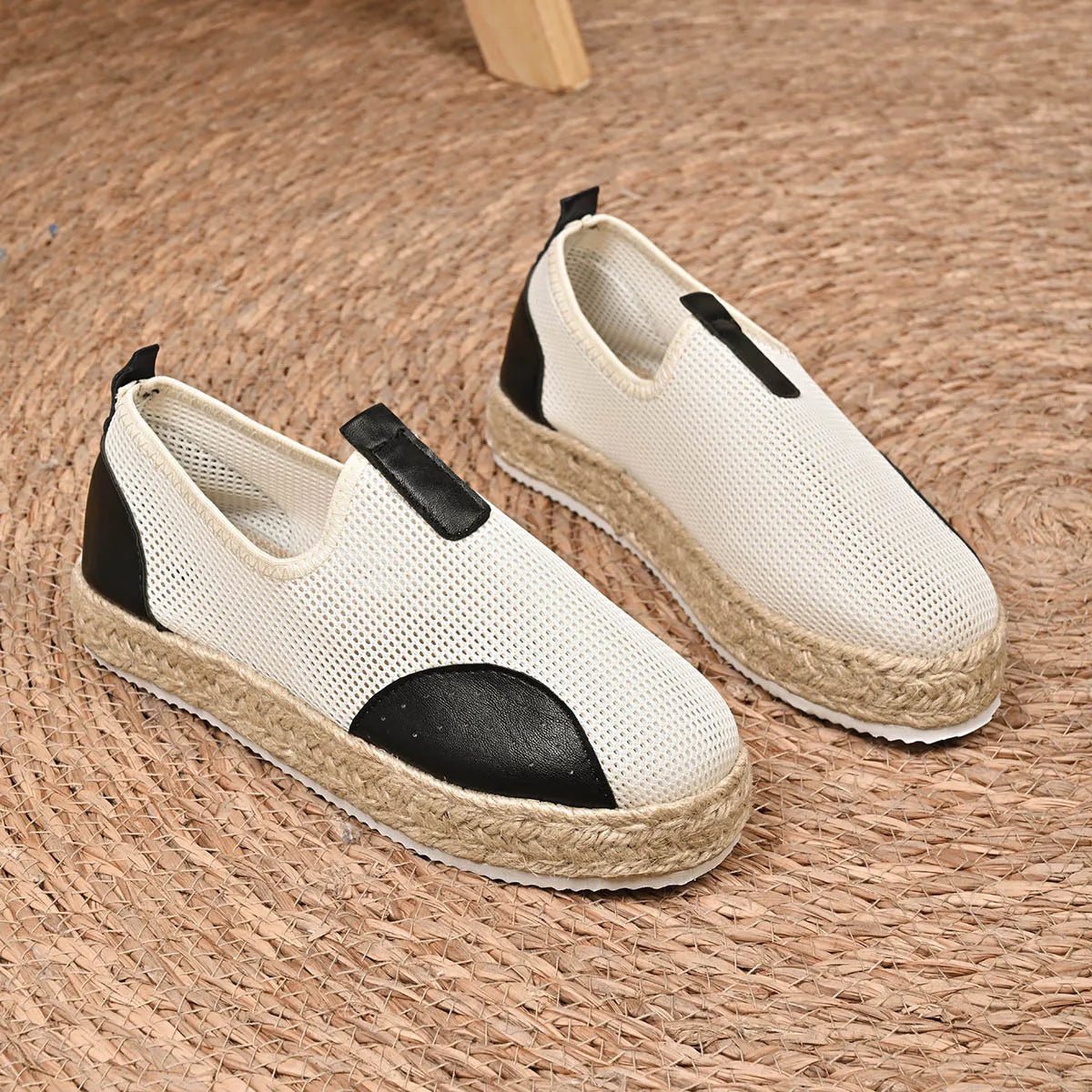 Women's breathable mesh espadrille platform slip-on flats by Trendsi, featuring lightweight woven fabric and comfortable slip-on design.