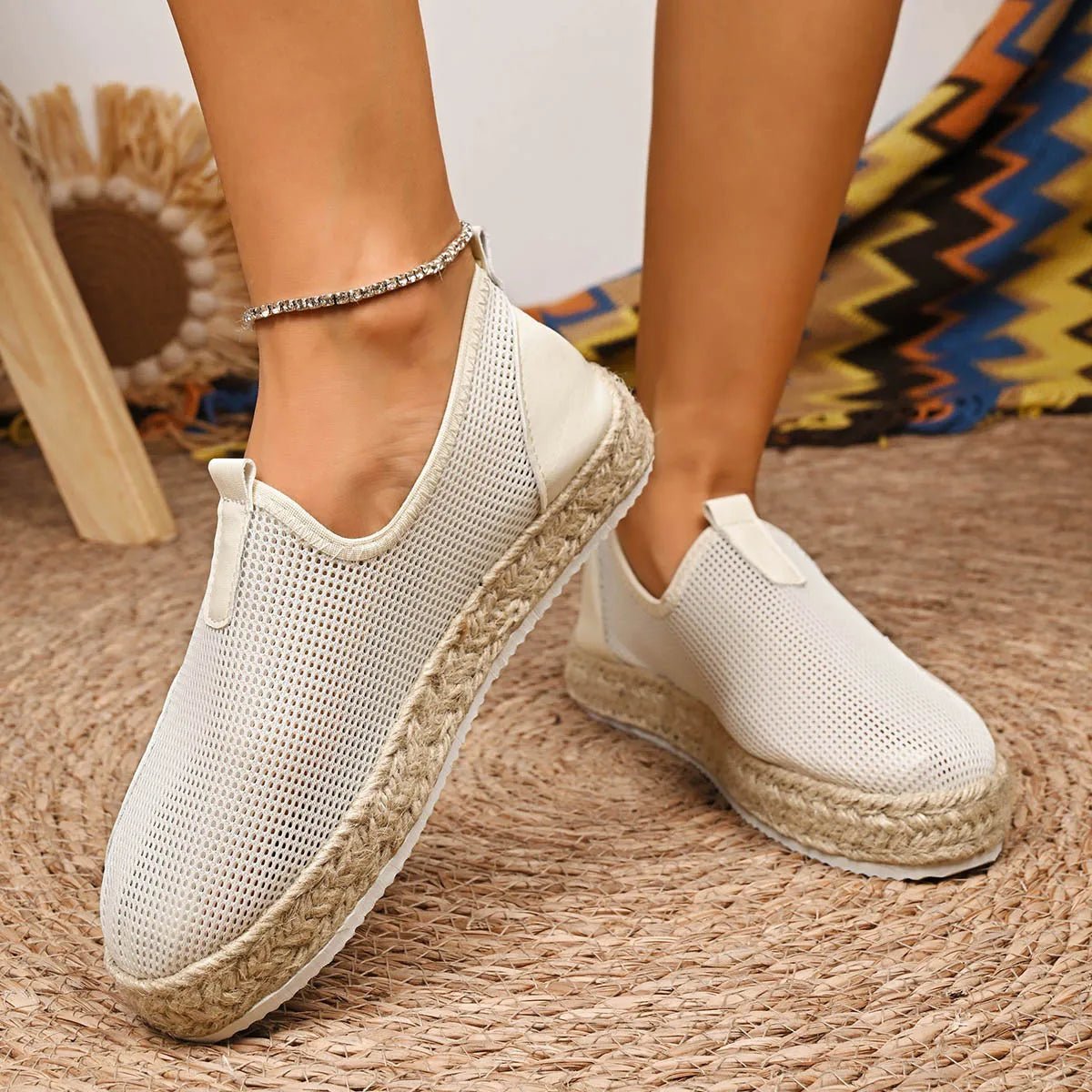 Women's breathable mesh espadrille platform slip-on flats by Trendsi, featuring comfortable slip-on shoe design with woven mesh material.