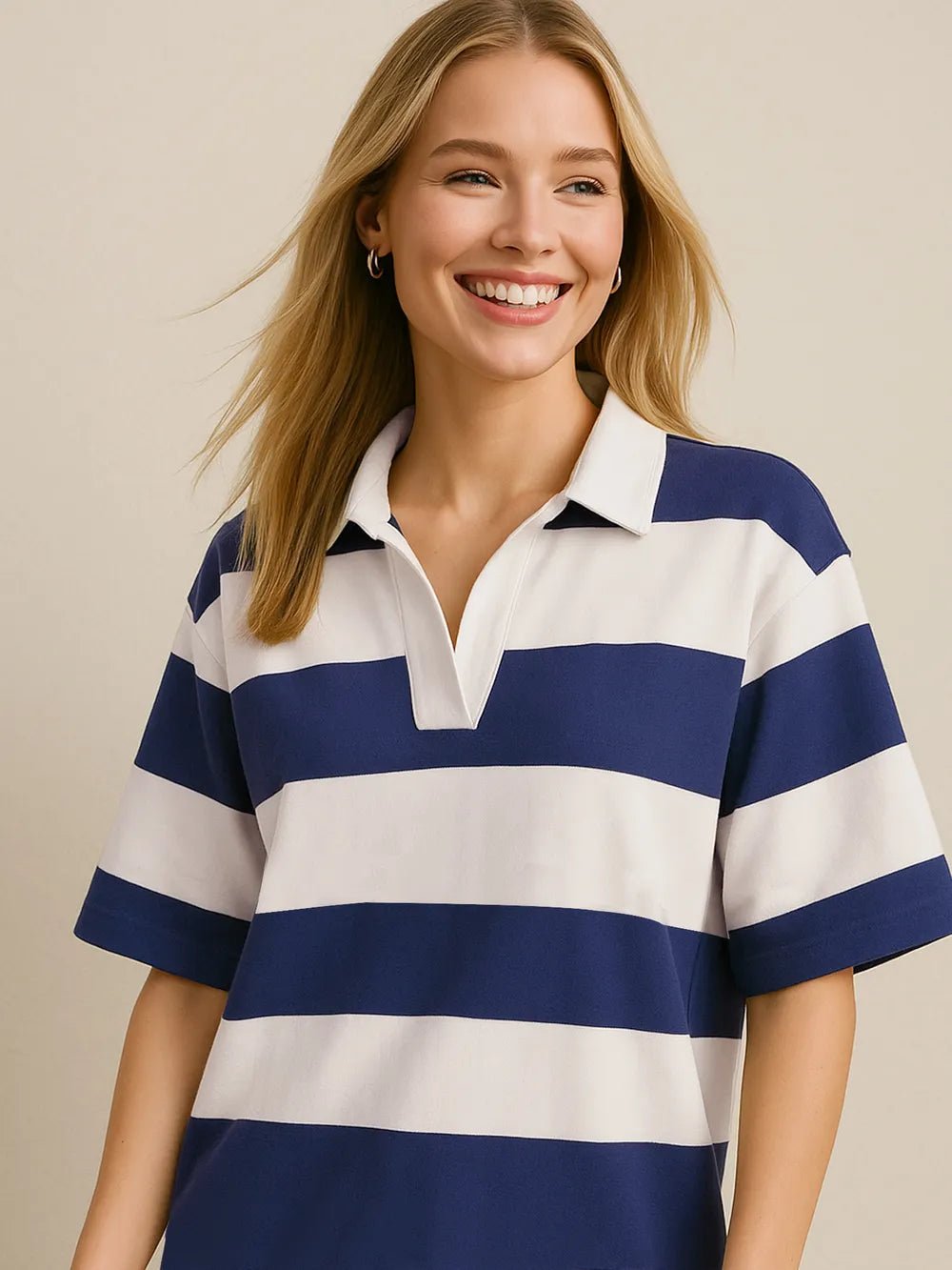 Oh Pima Cotton Wash Color Block Johnny Collar Half Sleeve Top - Plush Fashion Hub