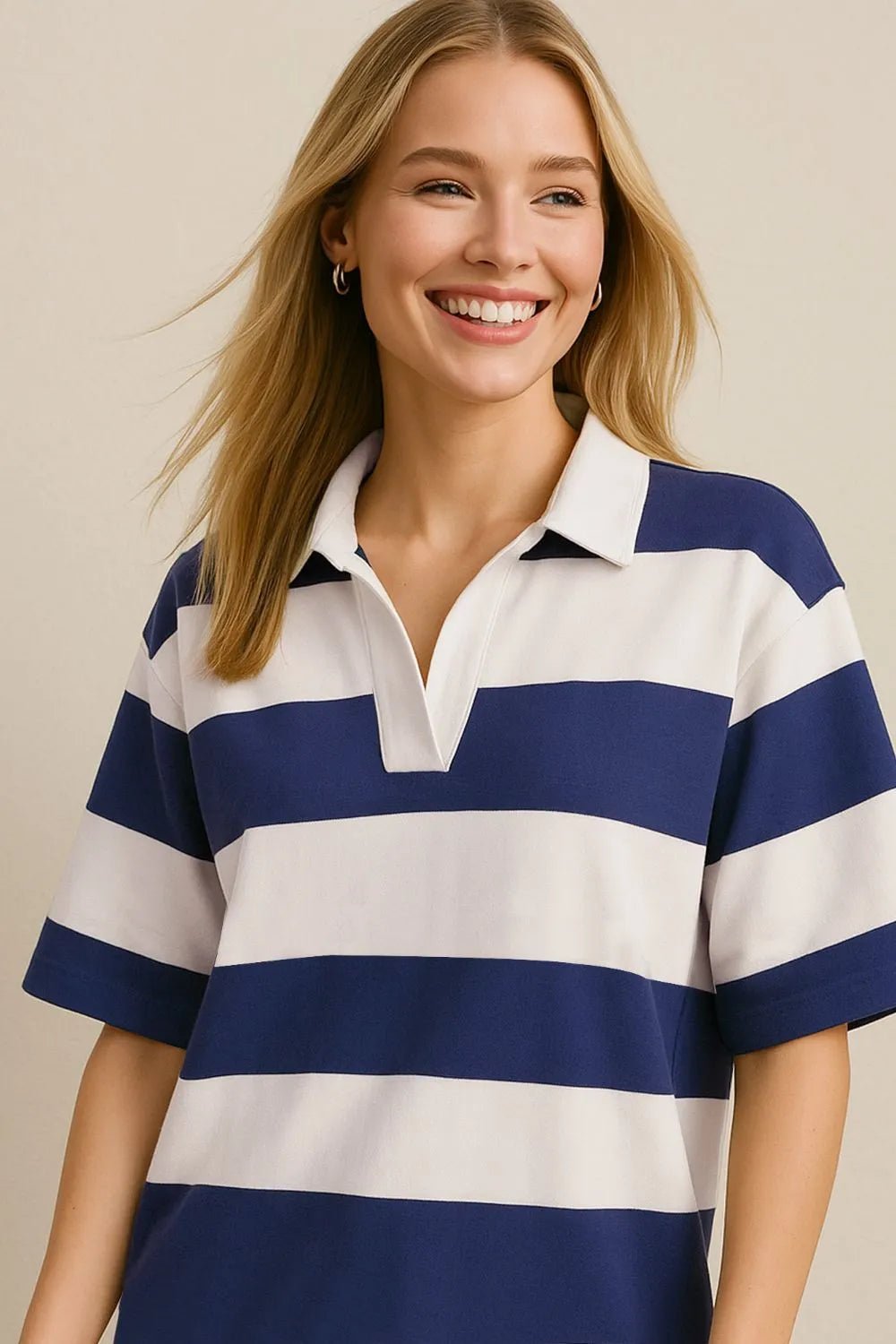 Women's Pima cotton color block Johnny collar half sleeve top, trendy women's apparel in soft, breathable fabric with stylish design.