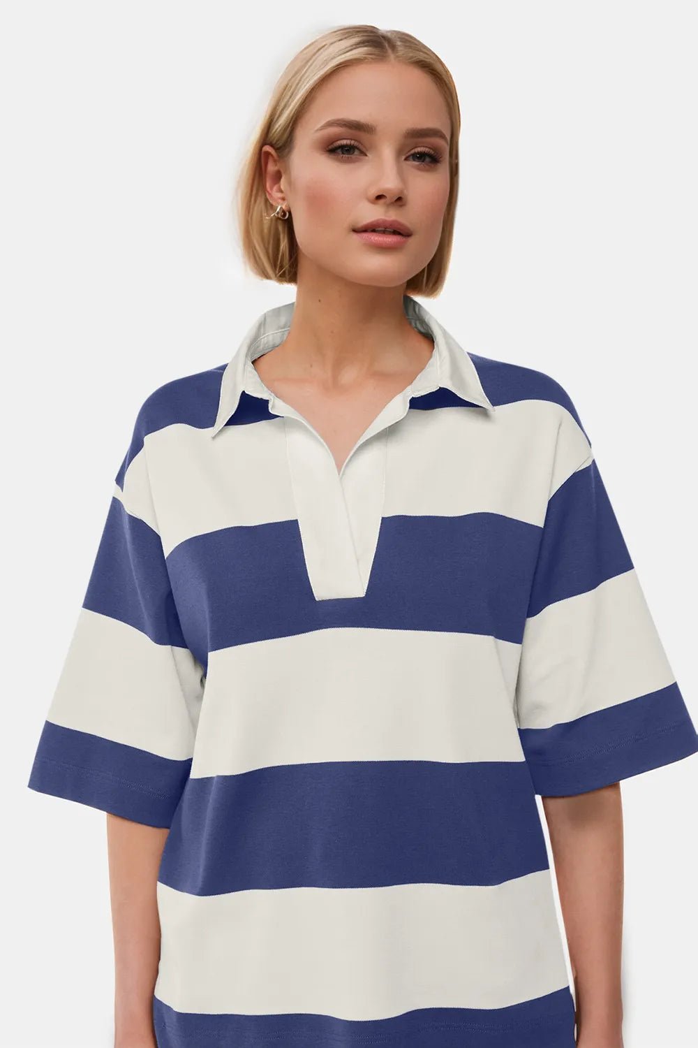 Women's Pima cotton color block Johnny collar half sleeve top, casual women's apparel by Trendsi, featuring a stylish collar and soft fabric.