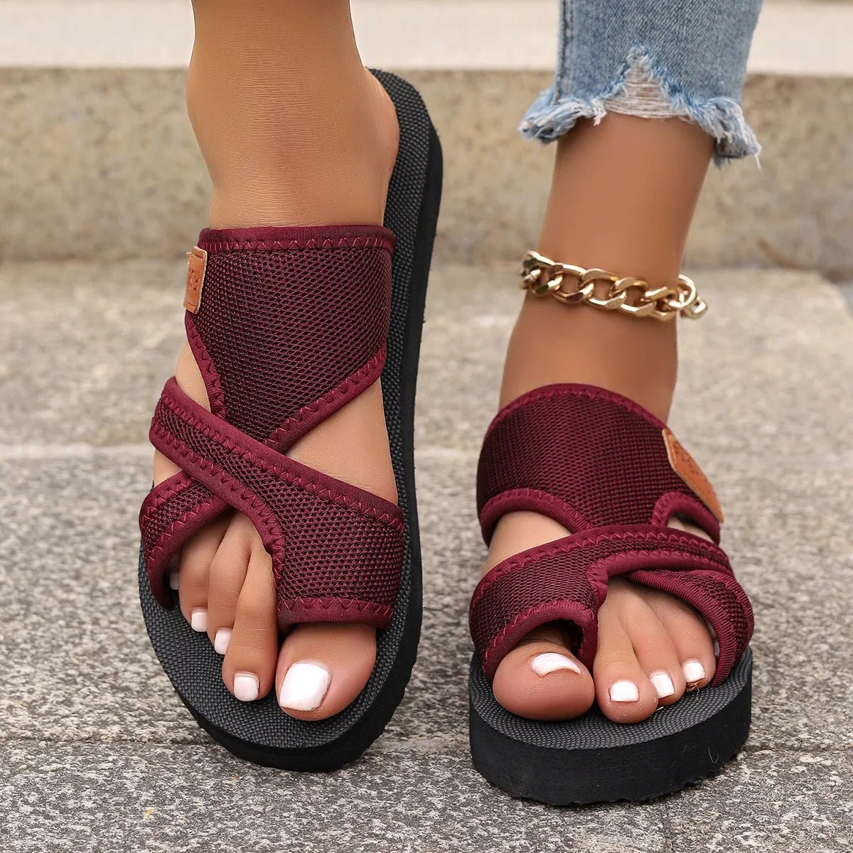 Women's open-toe platform flat sandals by Trendsi, stylish summer footwear with a chic design and comfortable flat sole.
