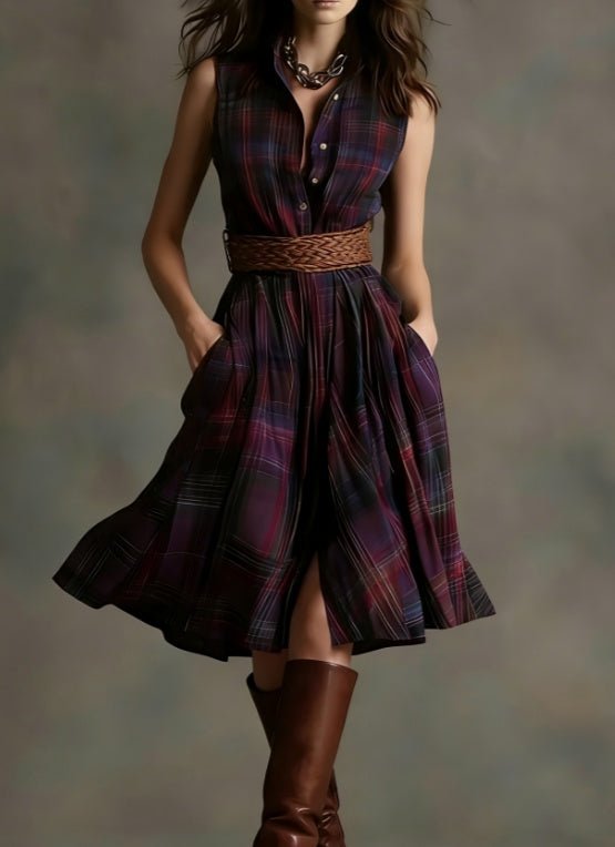 Plaid Collared Sleeveless Fitted Waist Dress - Plush Fashion Hub