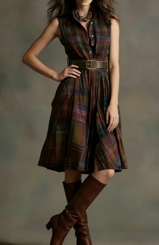 Plaid Collared Sleeveless Fitted Waist Dress - Plush Fashion Hub