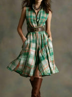 Plaid Collared Sleeveless Fitted Waist Dress - Plush Fashion Hub