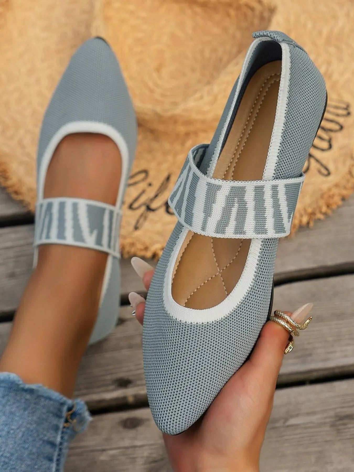 Women's pointed toe mesh gingham flats with ankle strap, stylish and comfortable Trendsi shoe for casual or dressy wear.